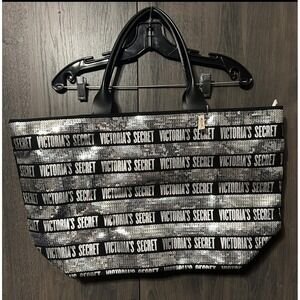 Victoria's Secret Sequin‎ Bling Tote Bag Weekender Black Silver NWT